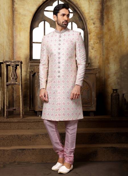 Pink And Off White Colour Party Wear Jacquard Nawabi Indo Western Collection 1101
